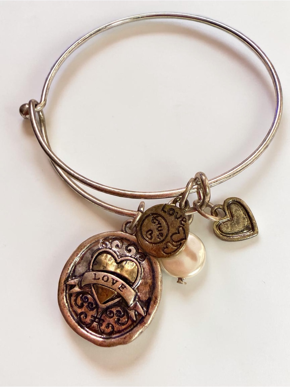 Love Heart Charm Bangle Bracelet in Mixed Metal
